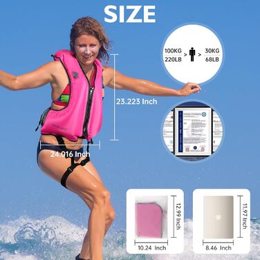 Надувна рятувальна жилетка для дорослих, до 100 кг та 150-200 см, регульована двокамерна, висока видимість для каяку, SUP, серфінгу, дайвінгу (відповідно до стандарту ЄС) Помаранчевого кольору