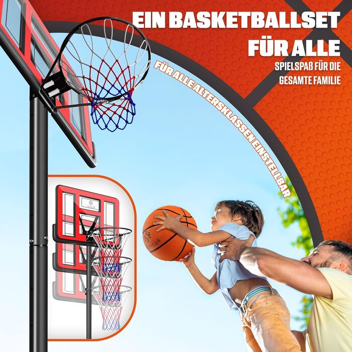 Баскетбольний кошик KESSER® Outdoor зі стійкою та колесами. В комплекті: 2 сітки, м'яч та насос. Регульована висота 230-305 см. Підходить для дітей та дорослих (червоний)