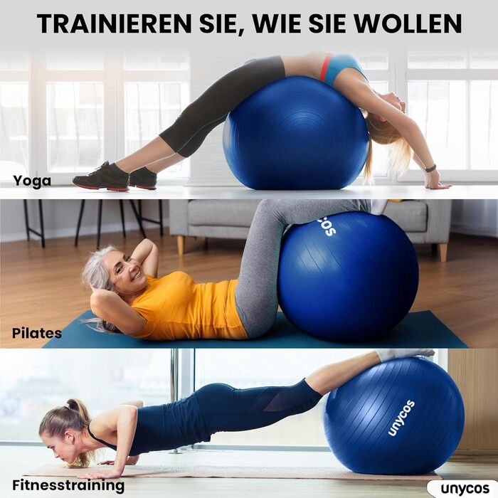 Фітбол Unycos 55/65/75 см для фітнесу, йоги, балансу та корекції. З насосом, BPA-Free, антивибуховий. #10 Зелений (55 см, #07 Темно-синій)