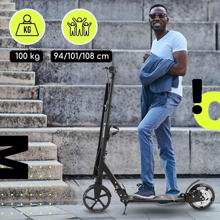 Самокат дитячий та підлітковий HyperMotion Vibe алюмінієвий, до 100 кг, складний, з регульованим кермом, колеса 200 мм, підшипники ABEC-7, чорний з дизайном черепа