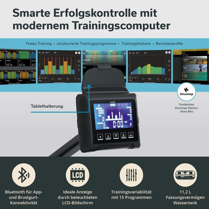 Гребний тренажер Skandika Nemo III Hybrid з водним та магнітним опором | 32 рівня електроніки, 15 програм, до 200 см, сумісний з додатком, дерев'яний | Фітнес-обладнання для дому