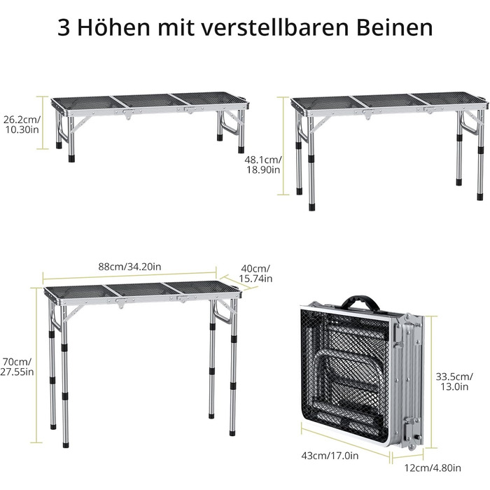 Стіл для кемпінгу Anbte Grilltisch 58x40 см, алюмінієвий каркас, регульована висота (26/48/70 см), складаний, для пікніка, BBQ, саду, балкону (срібний)