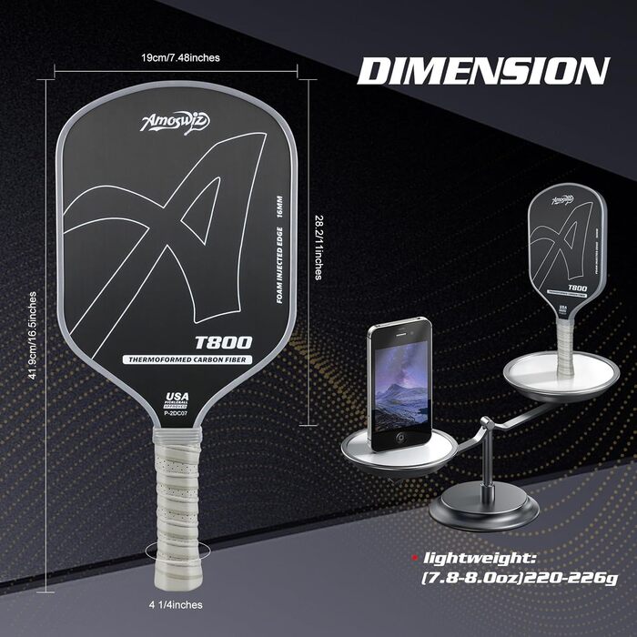 Ракетка для піклболу Amoswiz з карбону, 16 мм, T800, для обертання, сили та контролю, з чохлом та ластиком, подарунок для професіоналів та початківців