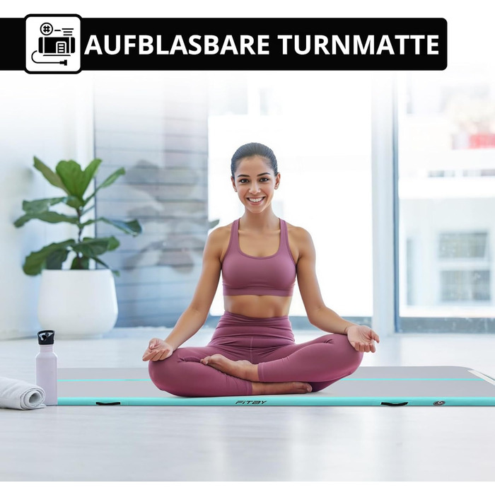 Гімнастичний надувний мат Airtrack 3м – для дітей та дорослих – з електричним насосом, для йоги та фітнесу, білий/бірюзовий