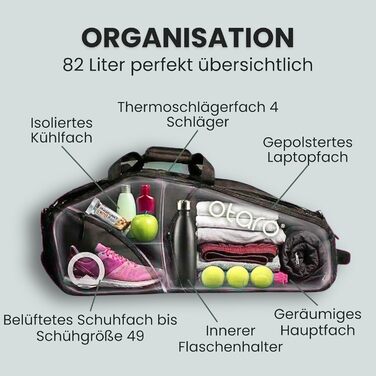 Сумка для тенісу Otaro Tennistasche 82L: Термосумка для 4 ракеток + відділення для взуття та охолодження | Водовідштовхувальна чорно-рожева тенісна сумка з відділенням для ноутбука