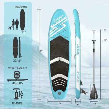 FBSPORT Стендап-борд (SUP) 11 футів Преміум, для йоги з аксесуарами та сумкою | Широка стійка, контроль на хвилях, неслизьке покриття, страховка, весло та насос для юніорів та дорослих (Eisblau)