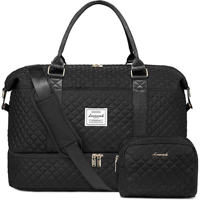 Спортивна сумка LOVEVOOK для жінок з відділенням для взуття та мокрих речей, велика дорожня сумка-вояджер, комплект з косметичкою, водонепроникна, ручна поклажа для літака, спортзал, чорна (M-2pcs)