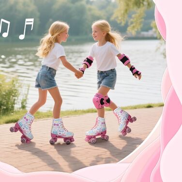 Роликові ковзани XUDREZ з підсвічуванням для дітей та дорослих, рожевий принт, квадроколісні, регульовані, для дівчаток, дам та початківців (37)