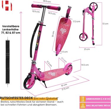 Самокат дитячий Habib Cityroller складаний, рожевий, для дітей та підлітків (6-16 років), з регульованою висотою керма та широкою декою