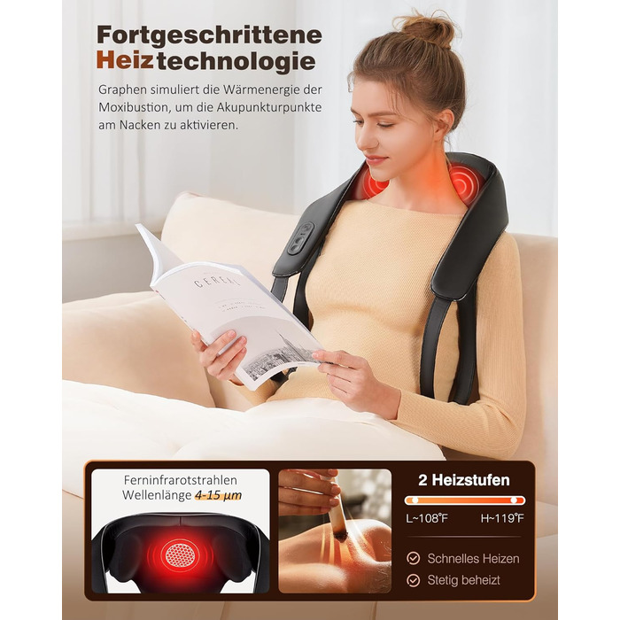 Масажер для шиї KNQZE® Shiatsu 4D з підігрівом, бездротовий, для шиї, плечей та спини, 2025 року випуску