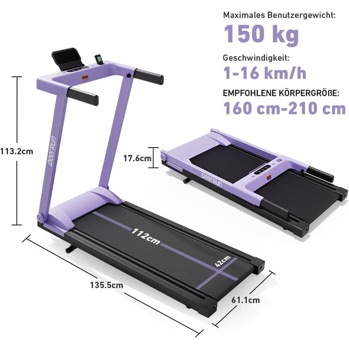 Біговий тренажер DeerRun з підтримкою High-Tech пристроїв, 158 кг, APP-керування, 2573W, складний, з курсами та мультиплеєр, фіолетовий