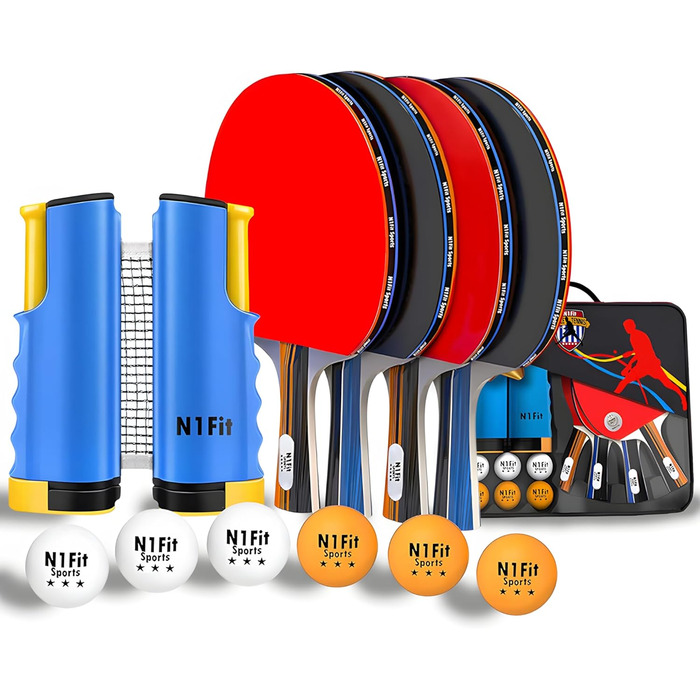 Набір для пінг-понгу: 4 професійні ракетки, розтягуване сітка, 6 м'ячів, сумка - для гри в приміщенні та на вулиці