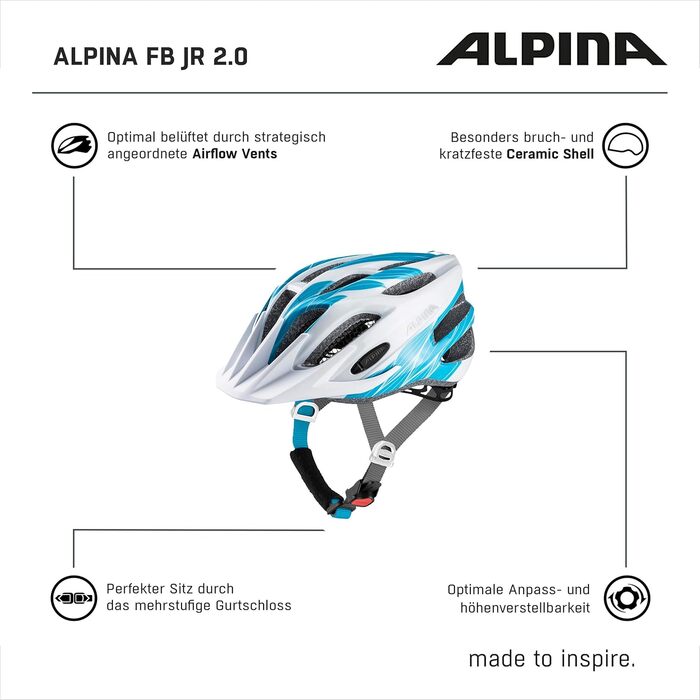 Дитячий велосипедний шолом ALPINA FB JR. 2.0, амортизуючий, легкий і міцний, з можливістю встановлення LED, біло-блакитний, 50-55 см
