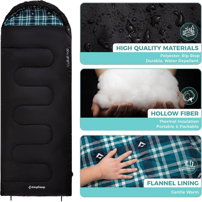Сплячий мішок KingCamp для дорослих, для холодної погоди, великий XL, з фланелі, з компресійним мішком, водонепроникний, чорний, 230x90 см