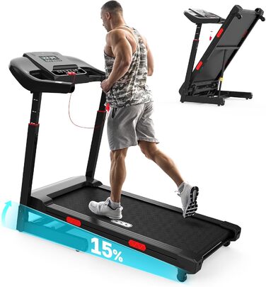 Біговий тренажер Redliro з автоматичним нахилом 15% - складний, до 160 кг, з регульованим поручнем та Bluetooth, для дому