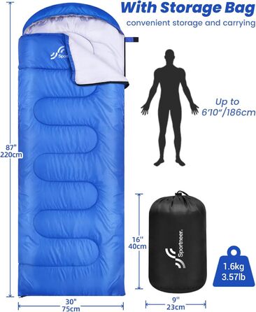 Сплячий мішок Outdoor Sportneer для дорослих та дітей - легкий спальник для кемпінгу, походів, рюкзаків 220x75см, блакитний