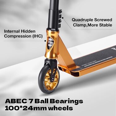 SUOTU Професійний стент-скутер, 360° кермування, роликовий скейт з колесами 110 мм 85A PU, для дітей, підлітків та дорослих, вантажопідйомність 100 кг, алюміній, чорний – золотий