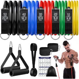 Набір еластичних стрічок для фітнесу Fokky Fitnessbänder Resistance Bands Set, 5 стрічок різної міцності, з анкерами для дверей, ручками та кігтями, для пілатесу, силових тренувань, чорний, червоний, синій, зелений, жовтий