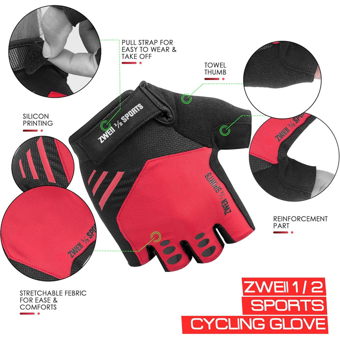 Чоловічі велосипедні рукавички напівпальці, дихаючі, для відпочинку та спорту, з гелевою підкладкою, антиковзаючі, для активного відпочинку та тренувань, зелені (XL, червоні)