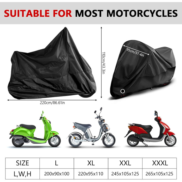 Водонепроникний чохол для мотоцикла Motorrad Abdeckplane 210D, UV-захист, зимовий, для скутера/ролера/мопеда (245x105x125 см, Чорний, XL)