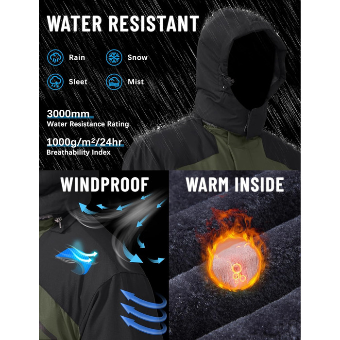 TACVASEN чоловіча зимова водонепроникна вітрозахисна куртка з флісовою підкладкою, для катання на лижах, дощовик з капюшоном, армійсько-зелений, XL