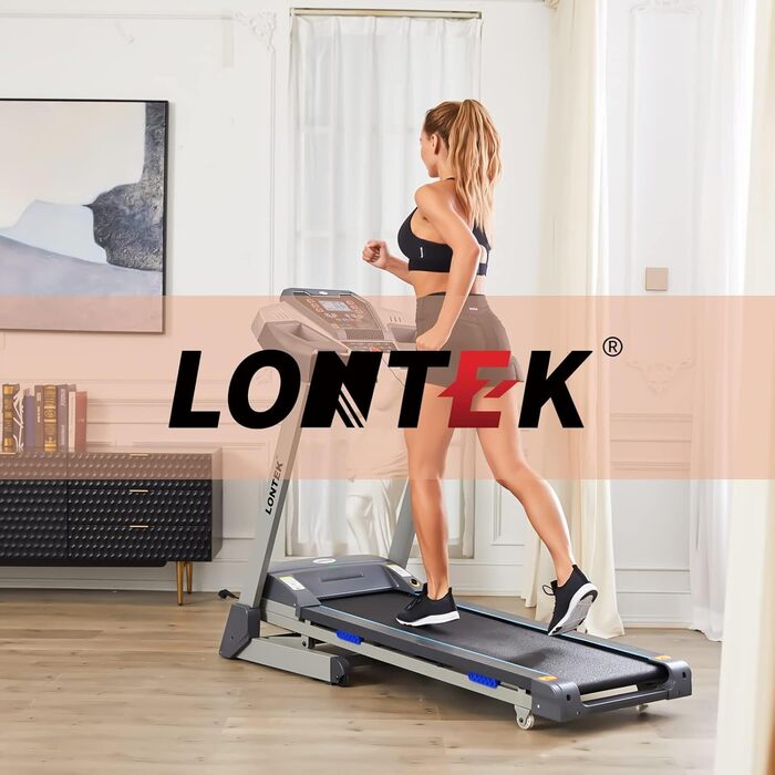 Електричний біговий тренажер LONTEK T500, складний, 2.0 PS, Bluetooth, 12 програм, до 100 кг, чорно-рожевий, нахил до 14 км/год