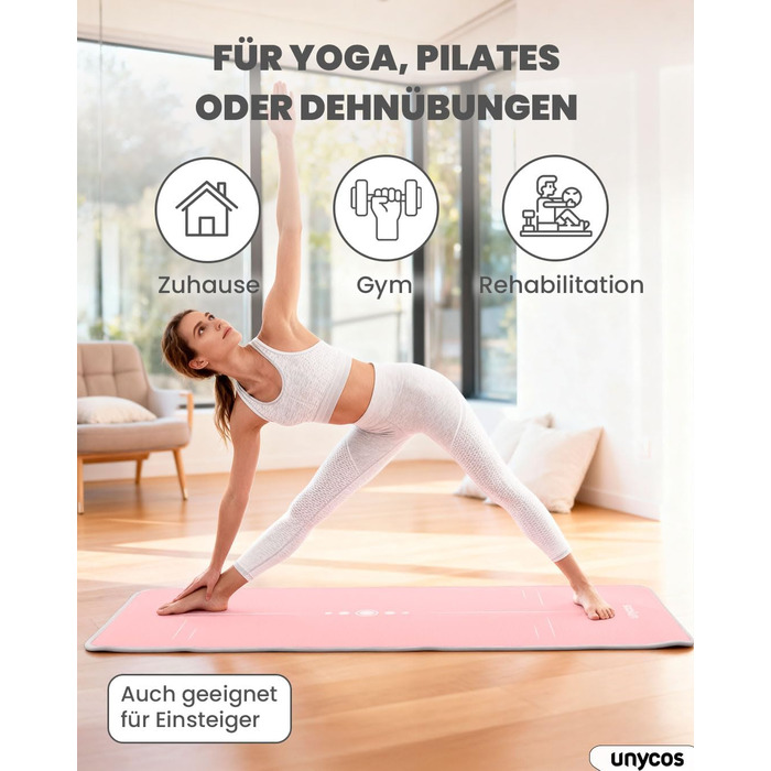 Килимок для йоги Unycos з нековзким покриттям | Щільність 6/10/15 мм, для гімнастики, з ременем для перенесення【вкл. E-Book】Фітнес-килимок для пілатесу, тренувань, гімнастики (#19 Рожевий + Сірий, 183*66*1 см)