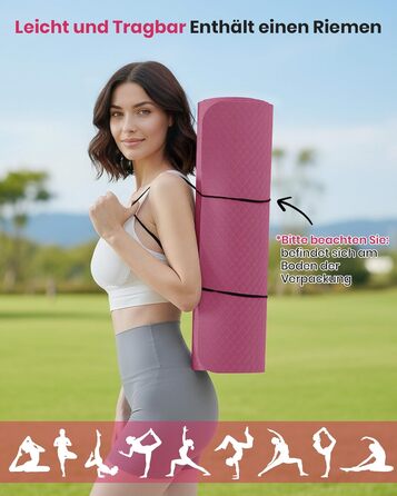 Йога-килимок Narwhal протиковзкий з TPE для фітнесу, пілатесу та тренувань, з ременем для перенесення, 183 x 61 x 0.6 см, колір слива-рожевий