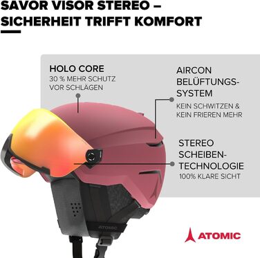 Гірськолижний шолом Atomic Savor GT для дорослих, унісекс, 360° система підгонки, підвищений захист від ударів, вентиляція Dual Zone, розмір 55-59, бордовий