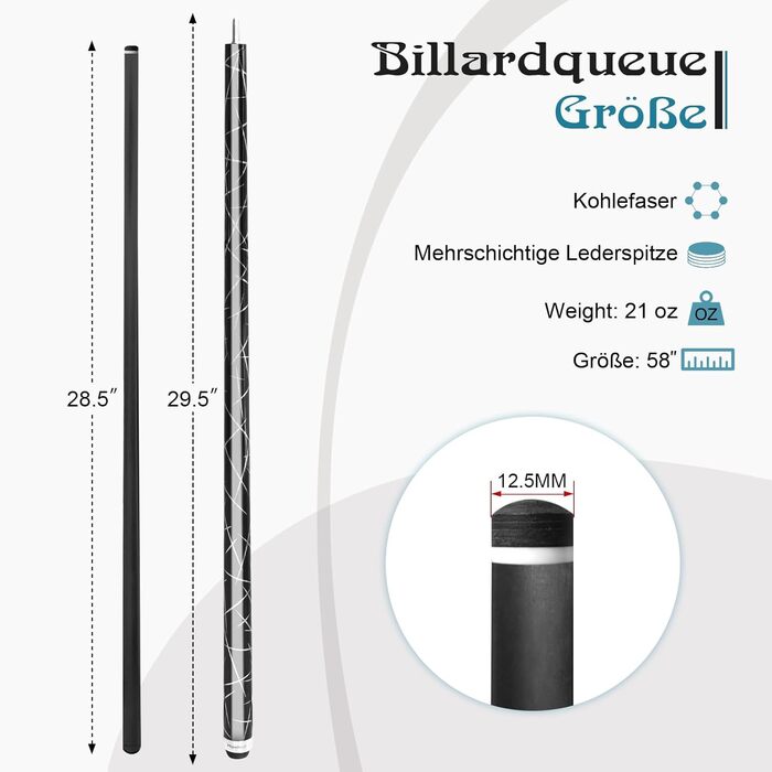 Біллярдний кий з карбону, 58 дюймів, наконечник 12.5 мм, 20/21 унцій, для аматорів та професіоналів, C4705-21OZ