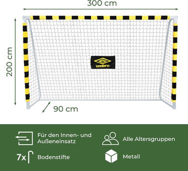 Футбольні ворота Umbro металеві 300x200x90 см для дітей і дорослих, для саду, вулиці та приміщення, чорні/жовті, футбольне тренувальне обладнання