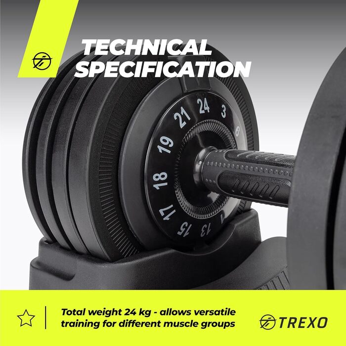 Регульована гантель TREXO 18-40 кг з поворотним регулятором ваги. Залізна гантель для силових тренувань з ергономічною ручкою.
