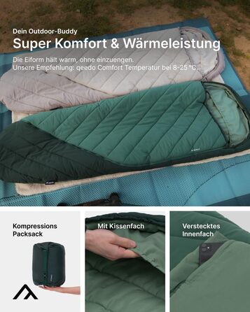 Спальний мішок Qeedo Buddy XL 8 XXL, надширокий, Outdoor літній (8-25°C) 3 сезони - для дорослих та юнаків (до 220см), поверхня Peach Skin, колір Pinegreen