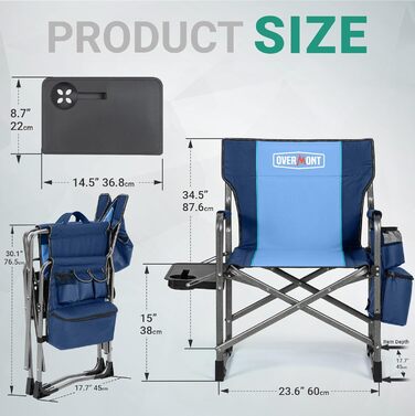 Крісло для кемпінгу OVERMONT: складне, з бічним столиком та сумкою-холодильником, до 180 кг, блакитне