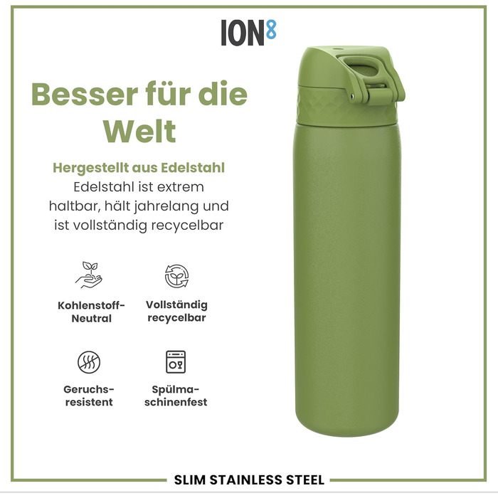Фляга для води ION8 Leicht 600 мл, неізольована, з клапаном, не протікає, з ручкою, сталь, хакі