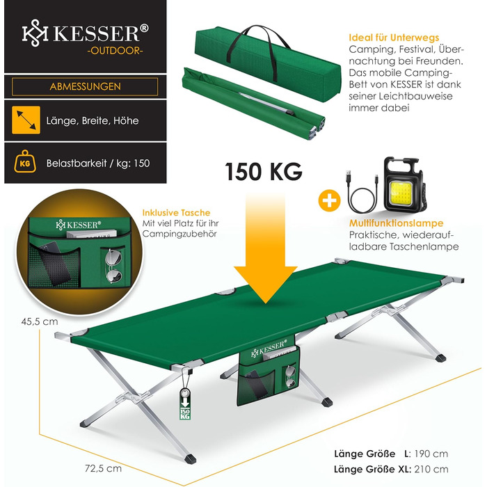 Кемпінгове ліжко KESSER® розкладне, 190/210 см, з сумкою, ліхтарем та кишенею, сталевий каркас, 150 кг, 600D Oxford