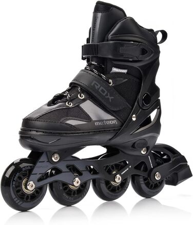 Дитячі ролики Meteor Rox з регулюванням – інлайнери для дівчаток та хлопчиків, підшипники ABEC-7 Carbon, колеса PU 72mm 80A, алюмінієвий фрейм, розміри S30-33, M34-37, L38-41 (L 38-41, Чорний)