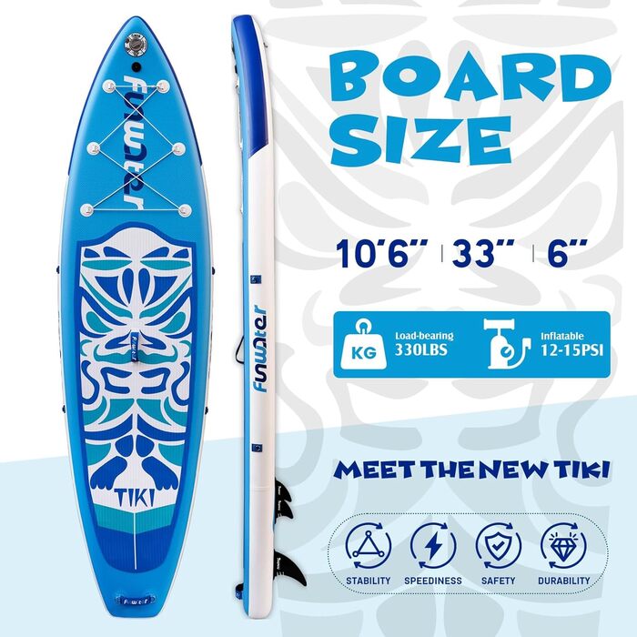 Надувний SUP (Stand Up Paddle Board) FunWater 10'6' & 11'6' з аксесуарами: весло, насос, рюкзак, плавники. Підходить для всіх рівнів майстерності. Рожевий та синій кольори.