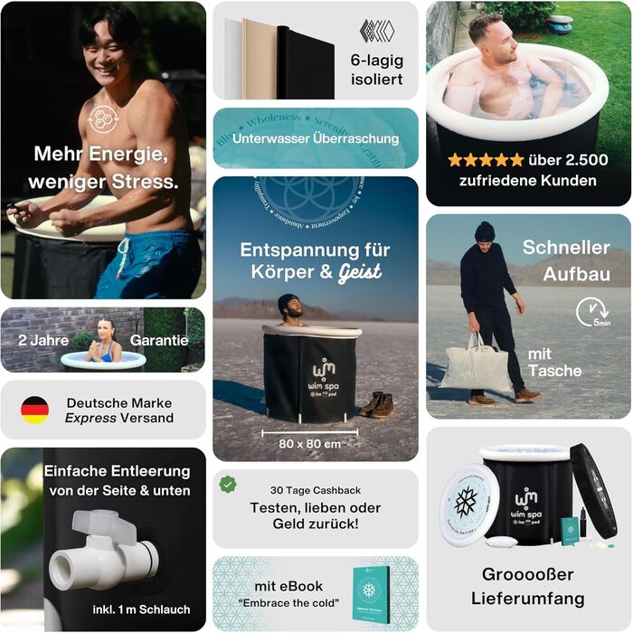 Ice Pod XL (80 см Ø) - складане ізольоване крижане ведро для холодної терапії, портативна ванна з ThermoDome, кришкою та термометром