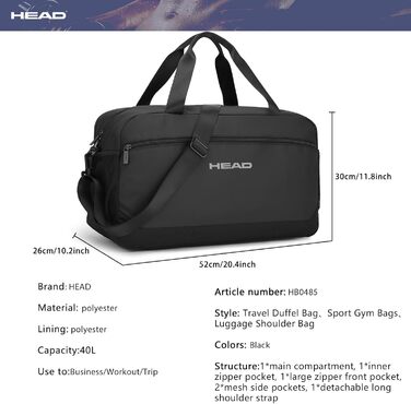 Водонепроникна спортивна сумка для подорожей HEAD, 40 л, велика сумка для фітнесу та бізнес-поїздок, чорна