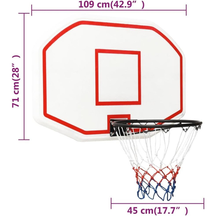 vidaXL Баскетбольний щит із кільцем, поліетилен, білий, 109x71 см