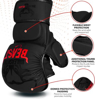 MMA рукавички BEAST RAGE для чоловіків та жінок, регульована підтримка зап'ястя, відкрита долоня, рукавички для бойових мистецтв, греплінг, спаринг, муай-тай, кікбоксинг, Taekwondo (L-XL, Червоні)