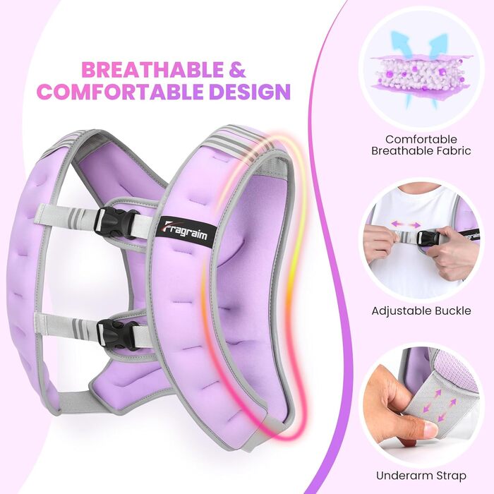 Вага для тренувань FraGraim з регулюванням ваги 8/10/12 кг, з кишенею для телефону та світловідбиваючими смугами, для фітнесу, кардіо та ходьби, фіолетовий