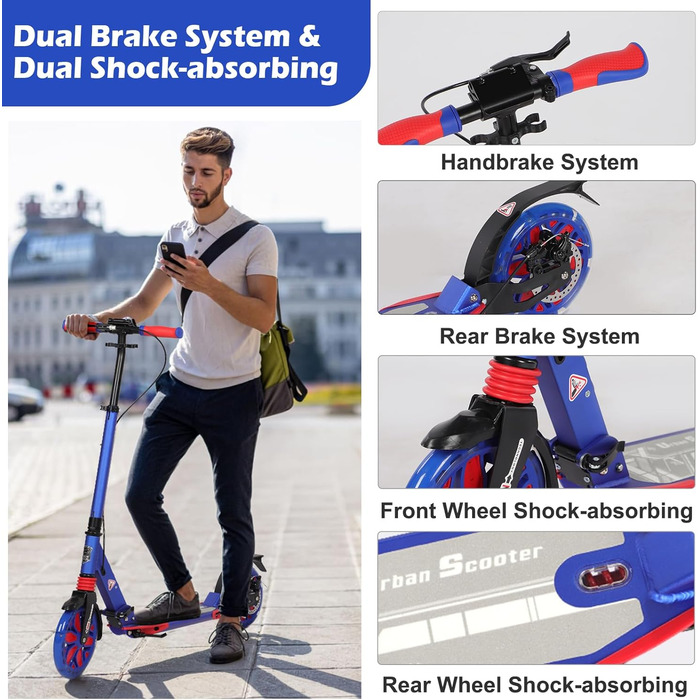 Самокат трюковий Kickscooter LED-синій, для дітей 8-12 років та дорослих, колеса 200 мм, дискові гальма, складаний, з ременем та подвійною амортизацією