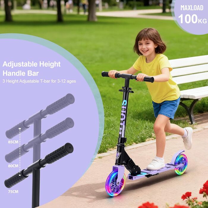 Самокат дитячий SUOTU з колесами 145 мм, до 100 кг, світлодіоди, складаний, регульована висота, алюмінієвий (Чорно-фіолетовий) для хлопчиків та дівчаток 3-12 років