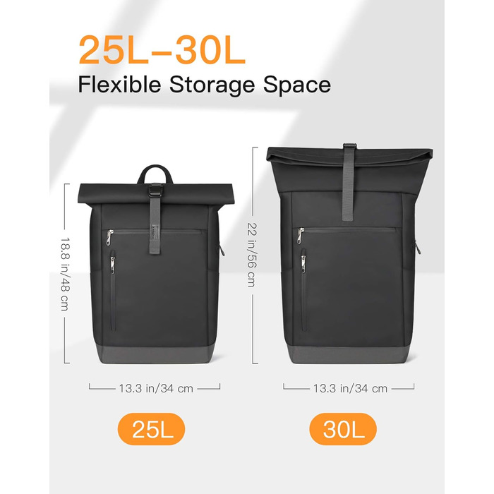 Міський рюкзак Inateck RollTop 25-30 л, чорний, для ноутбука 17'' – універсальний для чоловіків і жінок, велосипедний, шкільний, для університету, роботи, спорту та подорожей