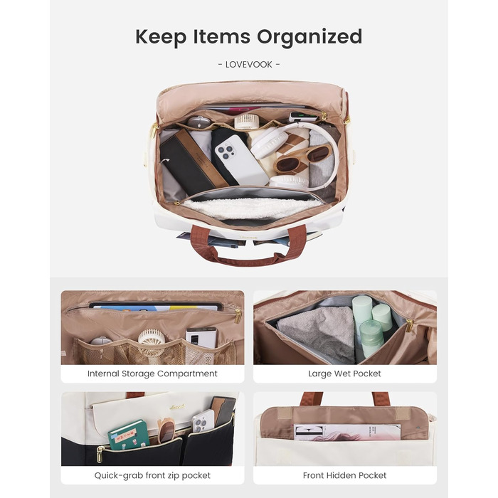 Сумка-мішок LOVEVOOK Weekender 45L для подорожей, спорт, клініки, пологового будинку. З відділенням для взуття та мокрих речей. Чорний+бежевий+коричневий.