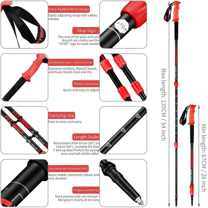 Тrekking Sticks FitTrek: Телескопічні палиці для ходьби та трекінгу (алюміній 6061, червоні)