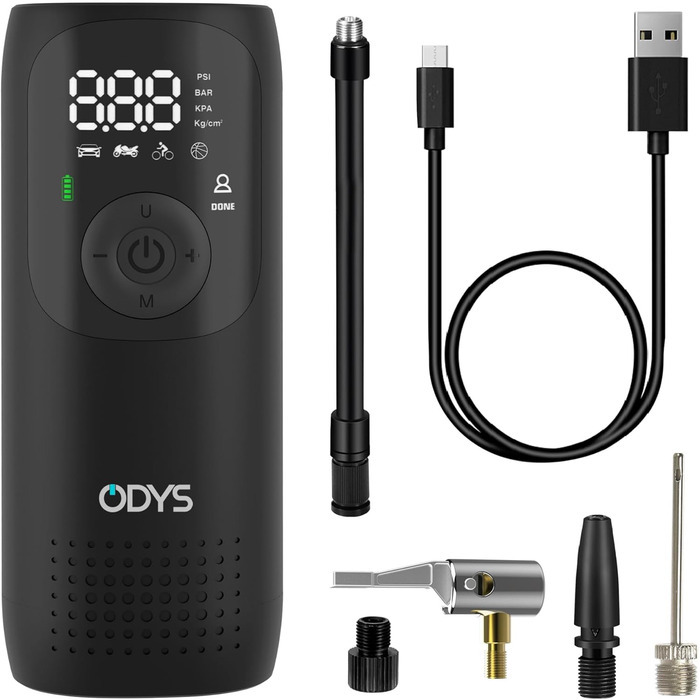 ODYS FlexPump акумуляторний портативний електричний компресор-насос для авто, мотоцикла, велосипеда, самоката, м'ячів (0-10 Бар, 0-150 PSI, 2000 мАг, зарядка USB-C, цифровий дисплей, LED-підсвітка)
