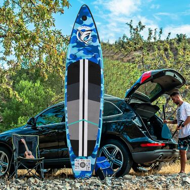 Надувне SUP-борд (Stand Up Paddle Board) з кріпленням для камери, 330x76x15 см, до 150 кг, насос, рюкзак (камуфляж, синій)